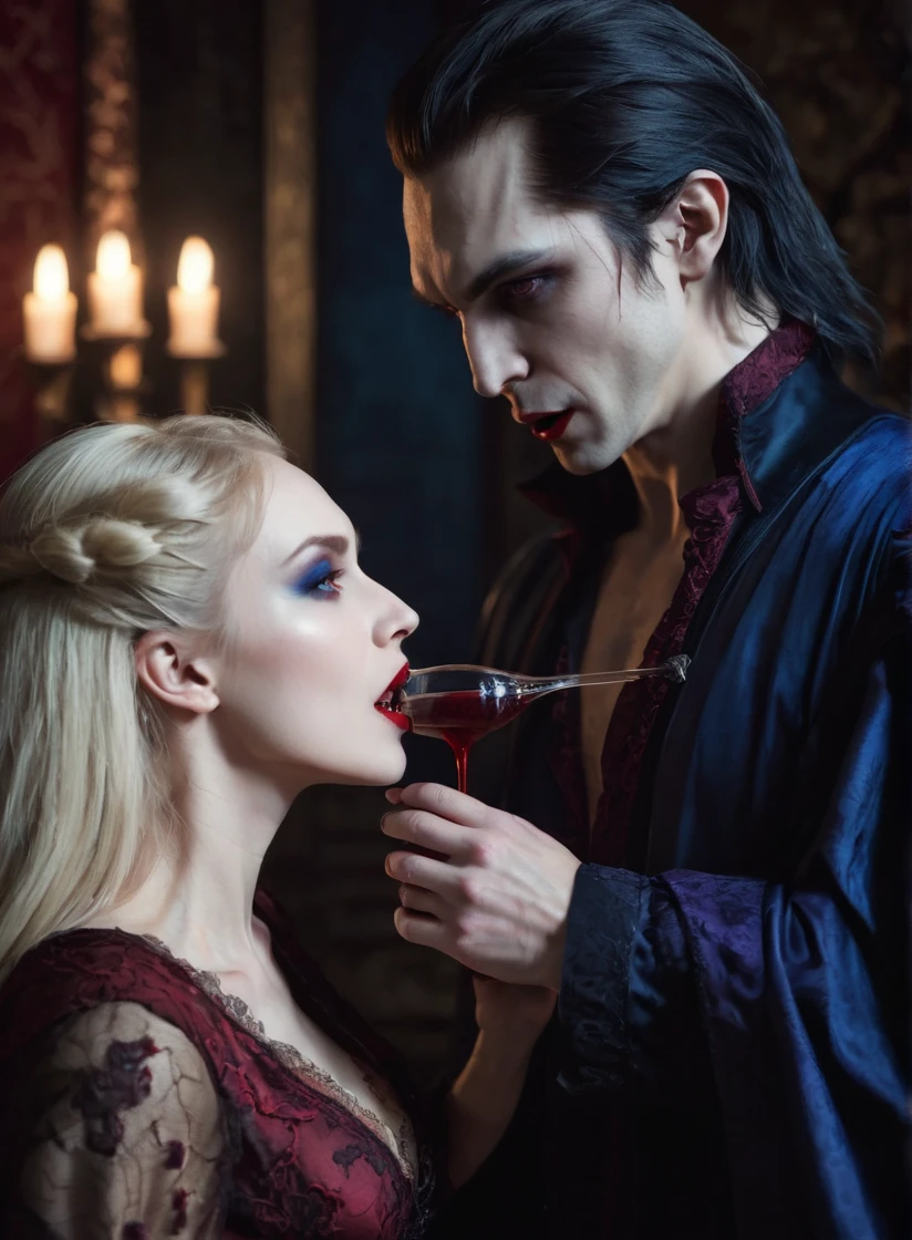 (A male vampire), (drinking blood from the neck of an attractive blonde woman), dramatic lighting, pale skin, (fangs bared), intense gaze, cinematic composition, dark moody atmosphere, deep red and blue color tones, photorealistic, highly detailed, intricate textures, dramatic shadows, cinematic lighting, the woman is in a light, elegant dress, the focus is on the between the vampire and the woman. woman in skimpy modern clothes, (human woman), (vampire man)