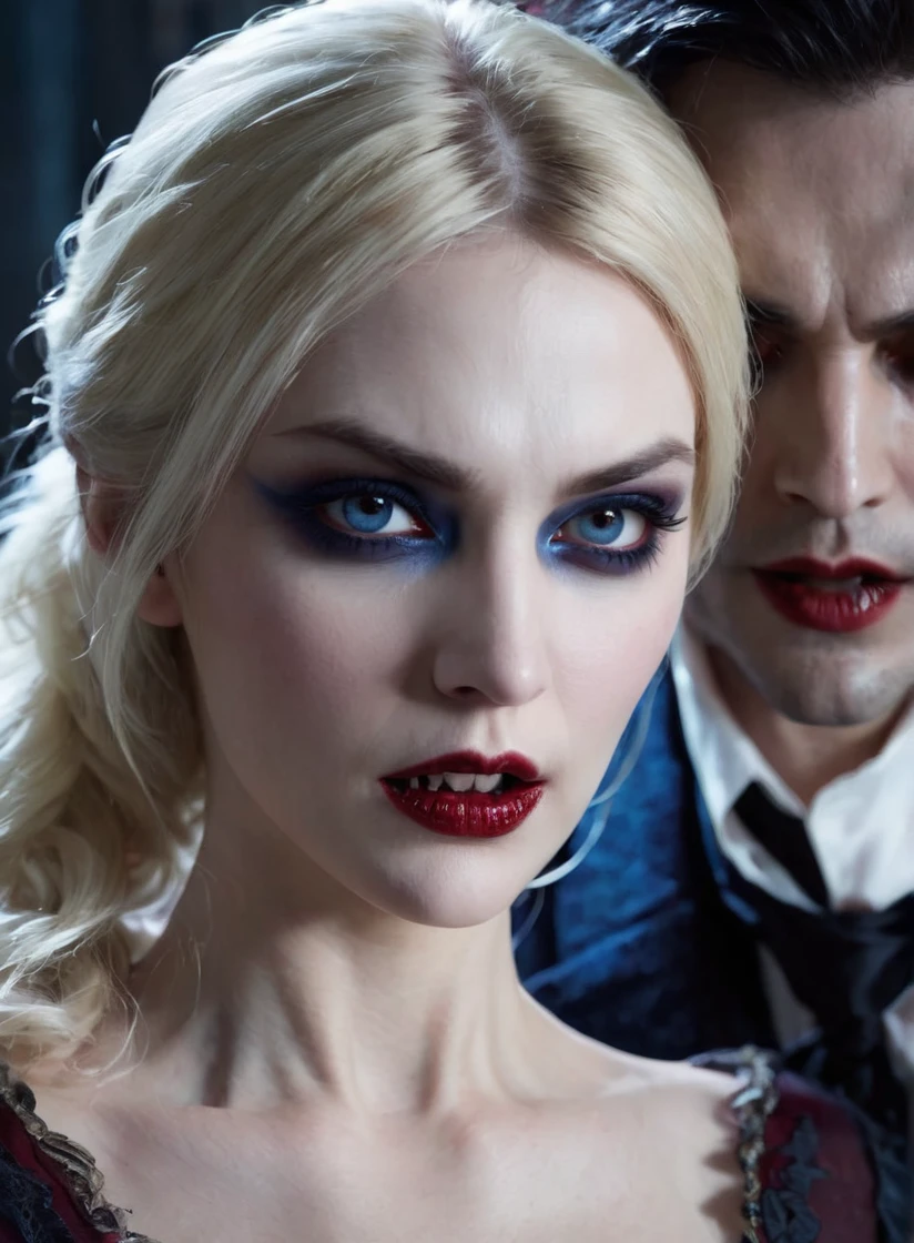 (A male vampire), (drinking blood from the neck of an attractive blonde woman), dramatic lighting, pale skin, (fangs bared), intense gaze, cinematic composition, dark moody atmosphere, deep red and blue color tones, photorealistic, highly detailed, intricate textures, dramatic shadows, cinematic lighting, the woman is in a light, elegant dress, the focus is on the interaction between the vampire and the woman. woman in skimpy modern clothes, (human woman), (vampire man)