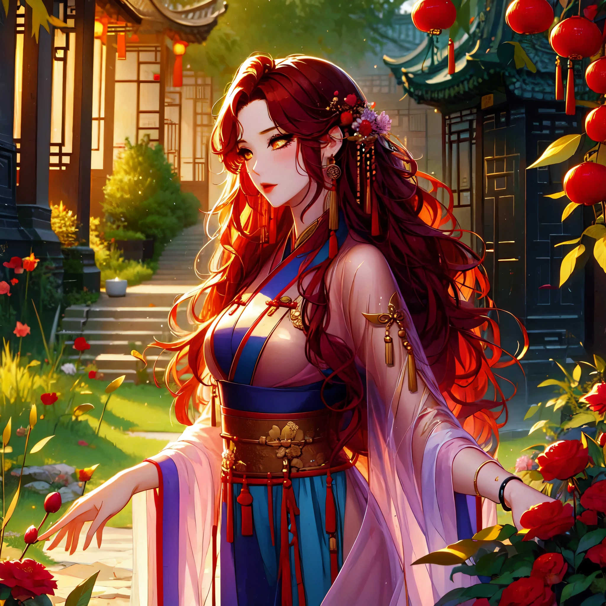 (masterpiece, best quality: 1,2), 1women, Xian mei, individual golden eyes, long red curly hair, jewelry, perfect anatomy, traditional Chinese hanfu, mangolia, sexy, hot, beautiful background, walking in the forest, picking flowers, holding a holding a flowery branch, forest,