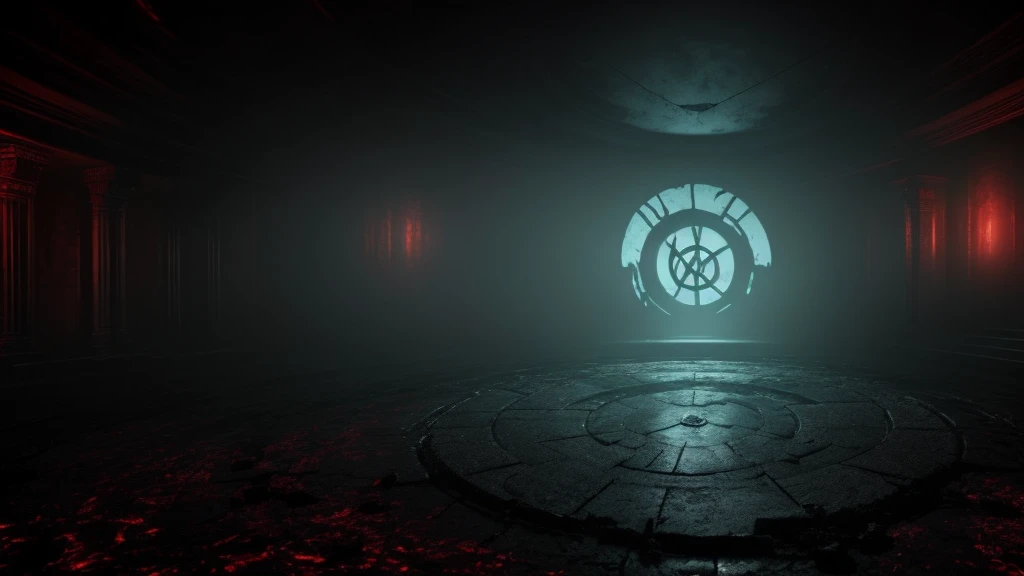 Create a hellish being, a terrifying presence shrouded in dense black fog, in the middle of a room with a large ritualistic circle on the floor