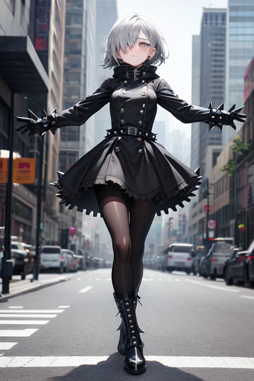 ((best quality)), ((masterpiece)), (detailed), 1 girl, Full body, 18 years old, Depressed face, Silver eyes, Arms outstretched, Arms behind waist, Metal mask covering her eyes, Eyes covered, Blushing, Silver hair, Bangs, Strand of hair covering her eye, Full body, Tall, Small breasts, Slim body, Grey hood, Metal spikes, Grey wristbands, Long black gloves with spikes, Grey goth outfit, Gothic lolita, Grey dress with metal spikes, Metal emblem, Somewhat tight, Black belt, Black pantyhose, Black boots, Walking through the city, Metal spikes coming out of the highway, City background, Anime