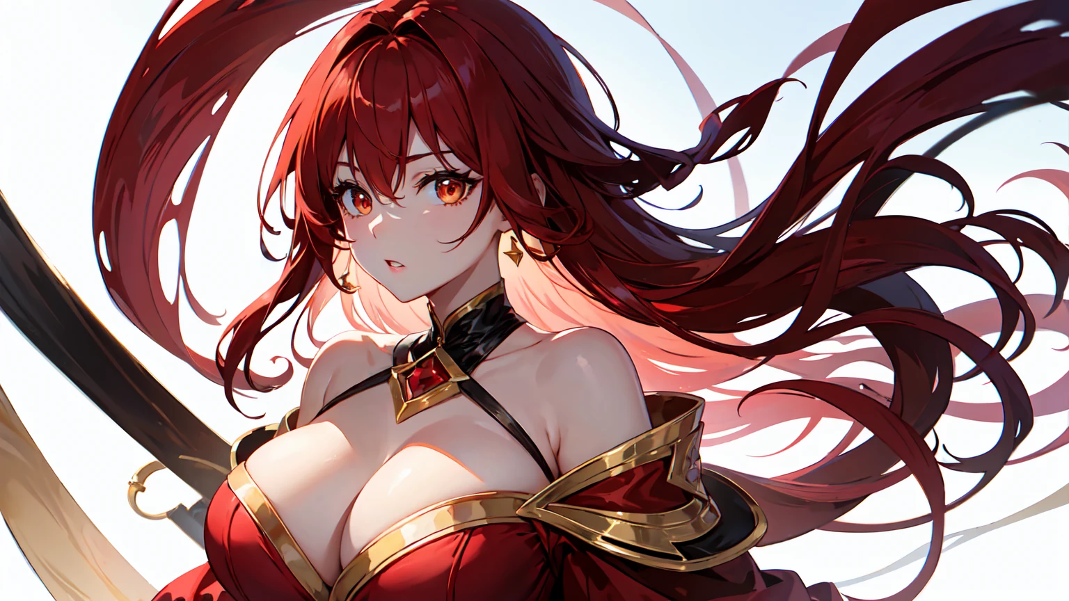 1 female、ruby red hair、long hair、{{{red and gold eyes}}}、thick lips、White and red dress、off shoulder、slim、valley、big breasts、sunlight、{{{without background, no background}}}, {{{white background}}}masterpiece、ultra high resolution、perfect lighting、16k