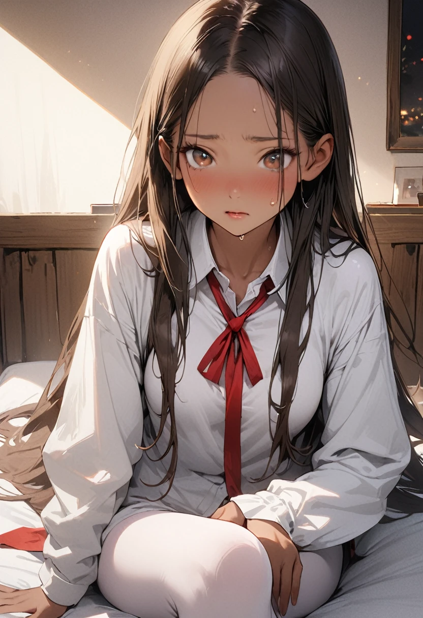 ((masterpiece,Highest quality:1.3,best quality illustration,realistic)),cowboy shot,独奏,1woman,(16 years old、Japanese Beauty)、brown hair,long hair,(center parted bangs),brown eyes,gorgeous eyes,((very small head:1.3)),shy,((very long body:1.2,skinny)),medium breasts,(tan skin:1.3),(Red ribbon tie、White collared shirt、Long sleeve、Red panties),gleaming skin,toned body,slender body,sweat,sitting,Simple bed、Simple bedroom、Tokyo、