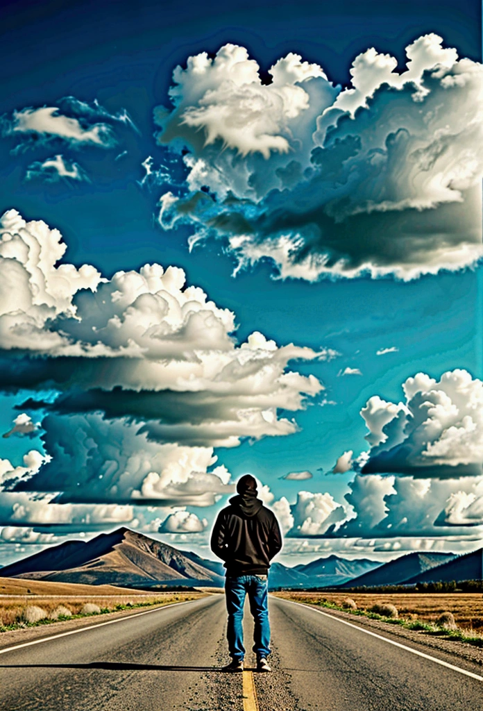 a latin man, 28 years old dark, without so much front, with medium comb over haircut, for the side and beard black, Warmly dressed in a hooded sweatshirt, he looks at the horizon and thinks about his entire life., 1 man on the scene in the distance, far has to be far, in the middle of a road, surrounded by field, without mountains. calm and peaceful composition, wide angle camera scene, contemplative scene, full body shot, more realistic sky and all cloudy , movie perspective, High Definition, photorealistic