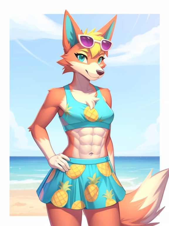 a digital artwork of audie with abs wearing a crop top of her  default turquoise and pineapple print dress  with turquoise and pineapple printskirt, a bare midriff and a bare navel , digital art, ((perfect face)), ((best quality)), ((masterpiece)), she has sunglasses on her forehead, tail