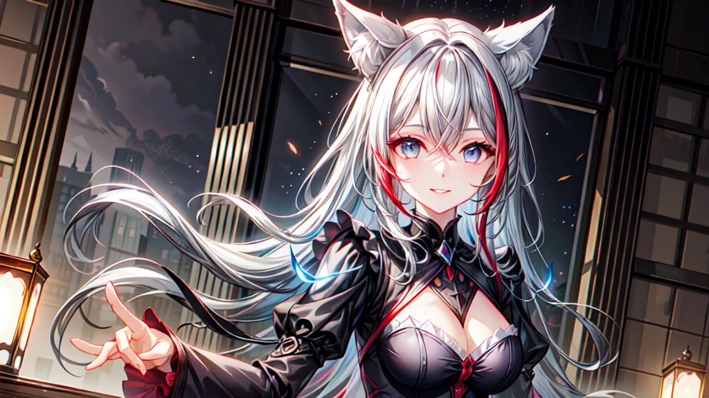 dynamic angle, illustration, upper body, 1girl, smile, detailed eyes, hair between eyes, streaked hair, long hair, noble, frilled dress, jewel, wolf ears, wolf tail