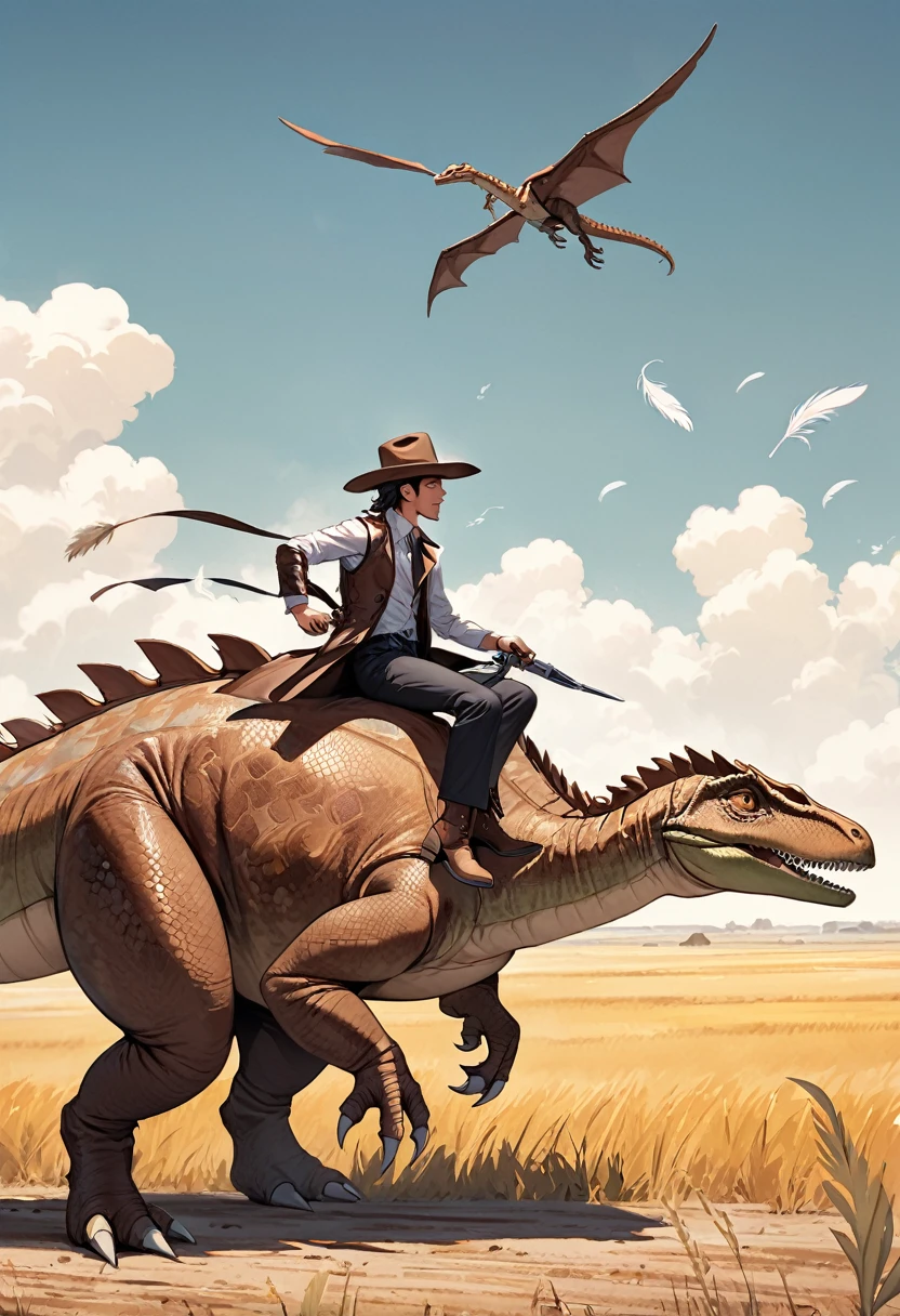 Western hat, dragon leather trench coat, vest, cutter shirt, slacks, western boots
Riding a small bipedal dinosaur with feathers all over its body
Traveling through the prairies of the Midwest.