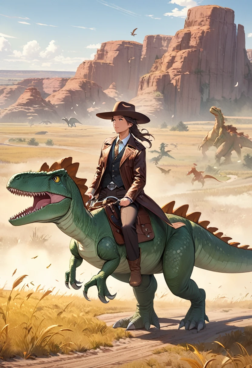 Western hat, dragon leather trench coat, vest, cutter shirt, slacks, western boots
Riding a small bipedal dinosaur with feathers all over its body
Traveling through the prairies of the Midwest.