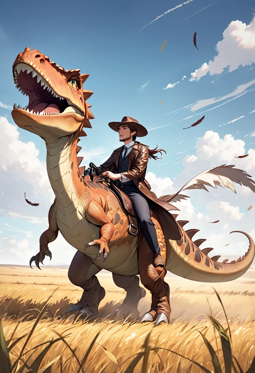 Western hat, dragon leather trench coat, vest, cutter shirt, slacks, western boots

Riding a small bipedal dinosaur with feathers all over its body

Traveling through the prairies of the Midwest.