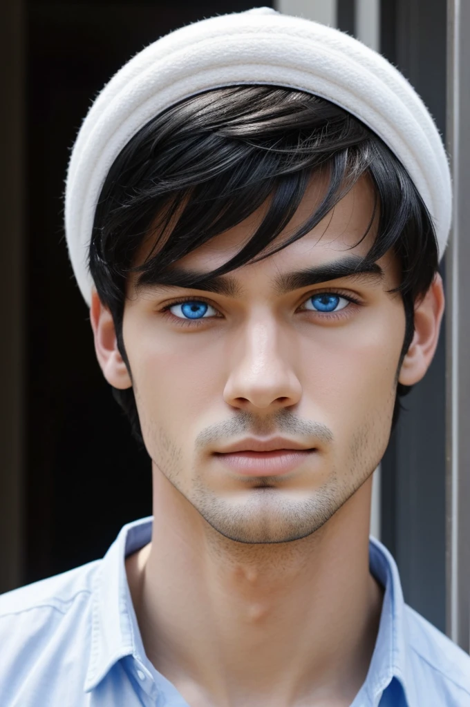 A man with bright blue eyes, white skin, black hair and a beautiful face.