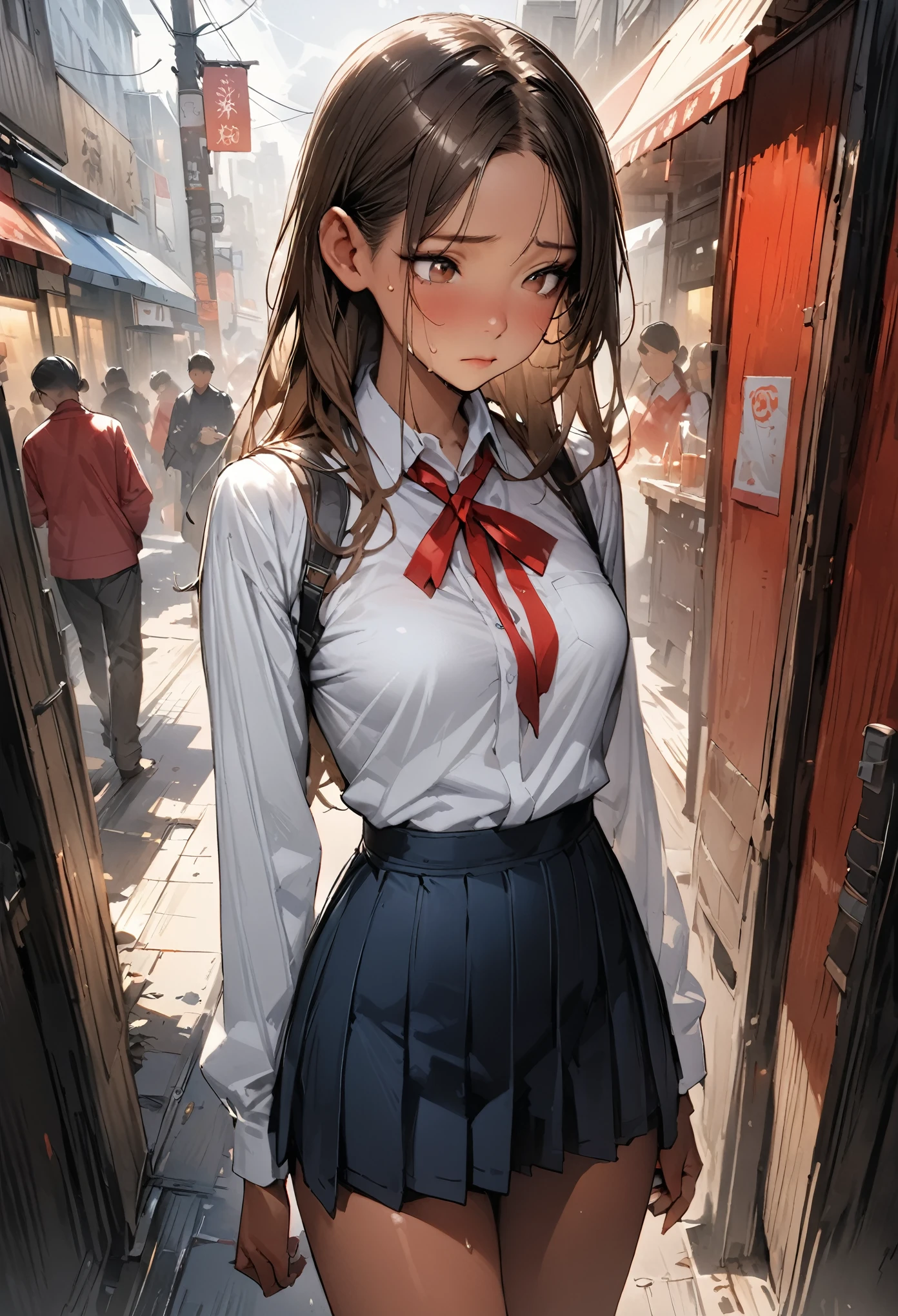 ((masterpiece,Highest quality:1.3,best quality illustration,realistic:1.5)),cowboy shot,独奏,1woman,(18-year-old、Japanese Beauty)、brown hair,long hair,(center parted bangs),brown eyes,gorgeous eyes,((very small head:1.3)),shy,((very long body:1.2,skinny)),medium breasts,(tan skin:1.3),(Red ribbon tie、White collared shirt、Long sleeve navy blue pleated mini skirt),sweat,gleaming skin,toned body,slender body,on street,Shibuya、Modern Tokyo、