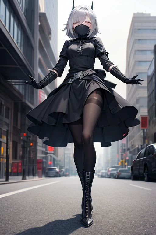 ,2bblindfolded,White hair,1 girl,blindfolded,black gown,puff sleeves,black hairband,black gloves,neckline cutout,long sleeves,juliet sleeves,thigh boots,sleeves with feathers,thighs under boots,black thighighs,high collar,standing,bus stop,