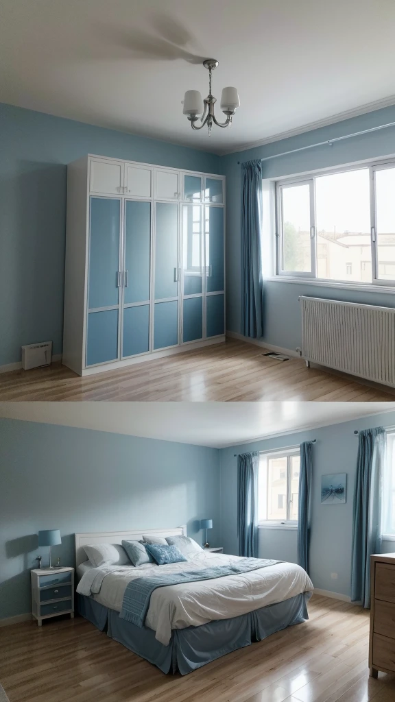 realistic double bedroom, with blue and gray walls, cama de casal, small space of 210x 200cm hanging wardrobe, modern and romantic decor. ultra realisticdetails, wall painted with oil paint, glass side window, pvc lining ceiling.