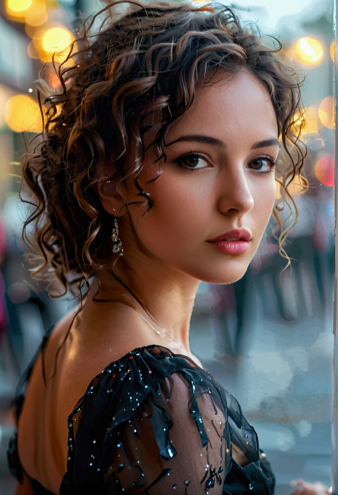Beautiful 30 year old woman from side view curly brown haired, attractive brown eyes, firm breasts, small waist detailed, thick and sexy legs, wearing evening dress on the street, foggy, humid, masterpiece of the Best quality, realistic, detailed photo. 8k, HDR, shallow depth field, wide light, high contrast. Backlight, light flare, chromatic aberration, sharp focus, RAW color photography, all very detailed.