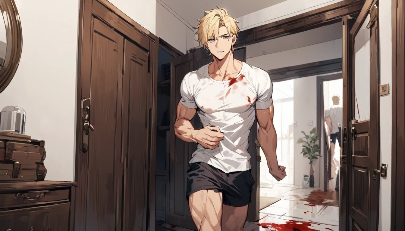 muscular, beautiful blond man, 25 years old, dressing white t-shirt , entering the living room, body front, blood stains on white t-shirt