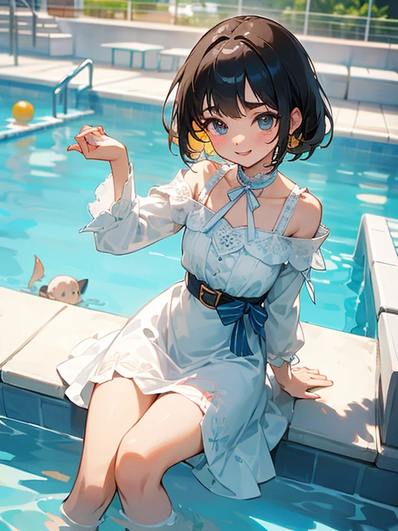 highest quality、High resolution、Detailed Background、(Beautiful face in every detail:1.4)、Anatomically correct、(Detailed facial expressions)、(Detailed eyes:1.2)、(Detailed eyes:1.2)、age beauty、(Highly detailed face:1.4)、Cute color hair color、Bobcut、well-groomed eyebrows、In a joking manner、A big smile、Cute gestures、Fit on one screen、Pools and other water play spots、(Three beautiful girls:1.5)、
Splashing and floating in the water、Smiling and chatting with friends by the pool、
Children are happily swimming on swim rings and pool toys floating in the center of the pool.、
The splashes of water and bright expressions create a sense of vitality and fun.、
Stand on the edge of the pool and jump with your friends, holding hands、
It expresses the lightness of floating in the air and the sense of unity through smiles.、
sitting on the edge of the pool with feet in the water、
Her facial expression and the surrounding landscape convey a sense of relaxation and comfort in nature.、
Water gun and water balloon fights in the pool、By depicting scenes of splashes, smiles and friendship, we express memorable fun times.、Expressing a lively scene by depicting the transparency, brightness and joy of water、
A white dress with a knee-length flared skirt brings out your femininity.、
A ribbon or belt around the waist will make it even cuter.、
The white dress with lace design gives an elegant and sophisticated impression.、
Lace on the sleeves and chest will add a more glamorous touch.、
This white dress with a loose silhouette and natural texture is perfect for a bohemian style.、Floral prints and embroidery give off a refreshing summer vibe.、
This simple and sporty white mini dress is perfect for active teengirls.、The casual design goes well with sneakers and sandals.、
A white dress with off-the-shoulder and frills will accentuate your femininity while also creating a cute look.、It also has the effect of making your shoulders and décolleté look beautiful.