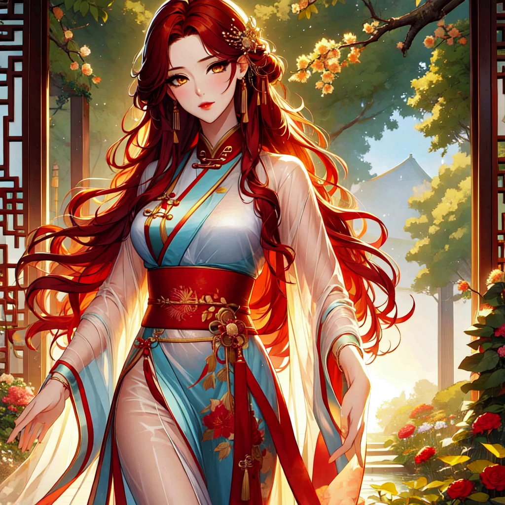 (masterpiece, best quality: 1,2), 1women, Xian mei, individual golden eyes, long red curly hair, jewelry, perfect ???????, traditional Chinese hanfu, mangolia, sexy, hot, beautiful background, walking in the forest, picking flowers, holding a holding a flowery branch, forest,