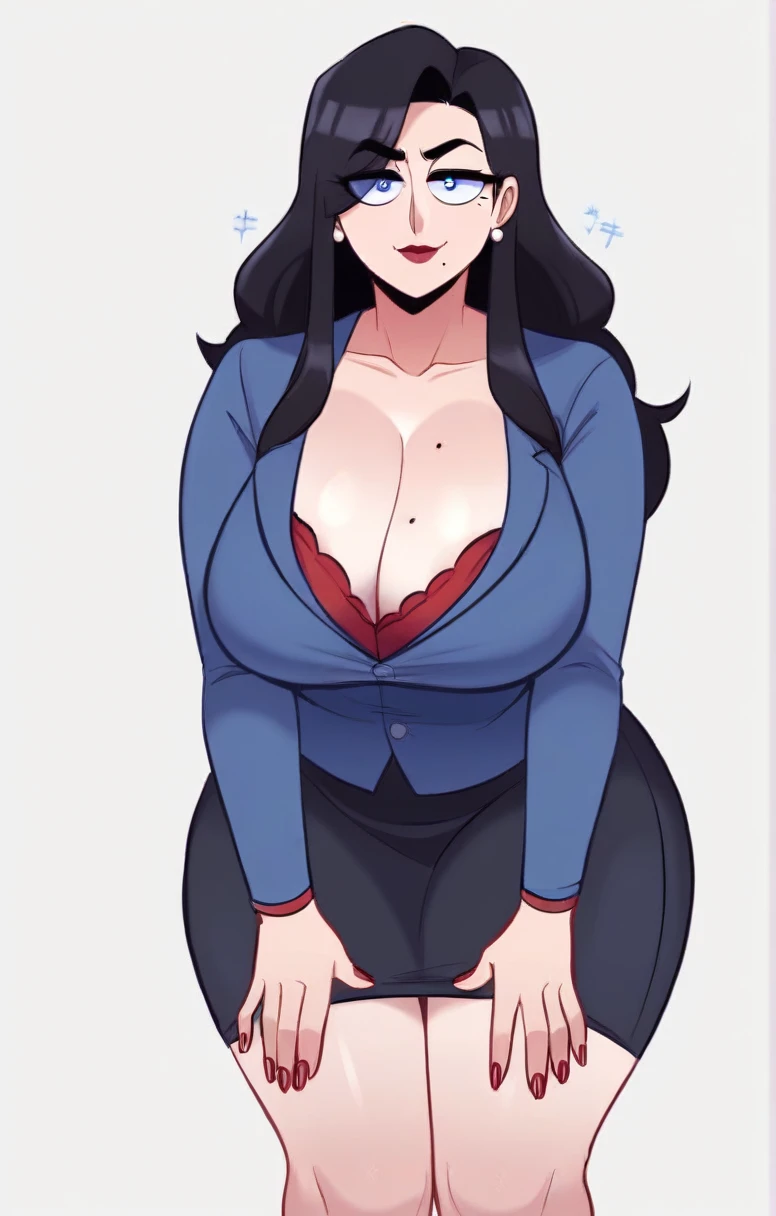 Expressiveh, egirlthot, chibiIcon, , score_9, score_8_up, score_8, (top quality,8k wallpaper),(masterpiece,best quality:1.2), ((source_anime, anime)), 1girl, , , ((black hair, long hair, )), old, mother, milf, teacher , ,, white skin, makeup, , saggy breasts, amused eyes, amused smile, , , wide eyes, jealous, jealousy, very jealous, yandere, caring, teaching , professor, , , black eyebrows, , , , egirlthot, , obsessive, , black mascara, black eyeliner, blue eyes, , , Goth girl, egirlthot, , , big sister, , large eyes, beauty mark, , giggling, laughing, leaning , , athletic , long fingernails,s1z3d1ff_t4lk, taller girl, standing, legs straight, bent forwards, arched back, hands on knees, , [[from below]:0.5], pov, eye contact, chibi, icon, cartoon, big head, wide hips, wide torso, plump, big eyes, big belly, saggy breasts, bursting breasts, icon, avatar, close up, clothed, teacher,