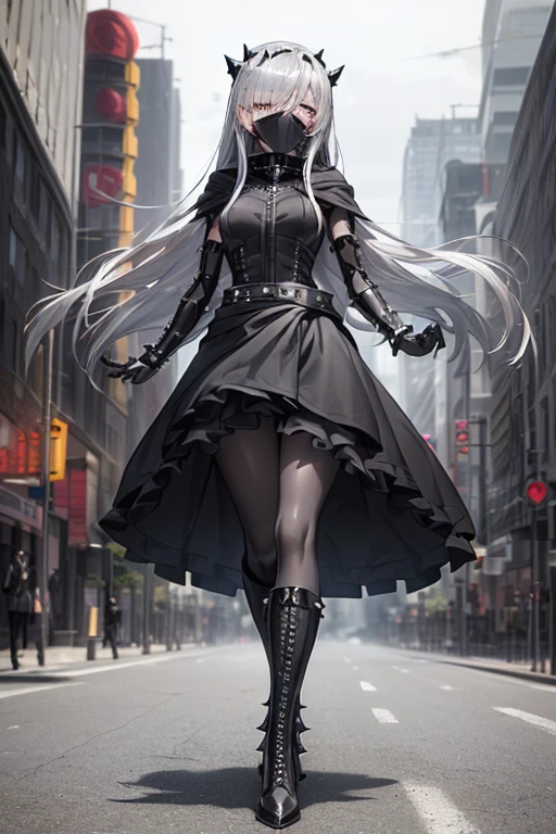 ((be((best quality)), ((masterpiece)), (detailed), 1 girl, Full body, 18 years old, Depressed face, Silver eyes, Arms outstretched, Arms behind waist, Metal mask covering her eyes, Eyes covered, Blushing, Silver hair, Long hair, Spiky hair, Bangs, Strand of hair covering her eye, Full body, Tall, Small breasts, Slim body, Grey hood, Metal spikes, Grey wristbands, Long black gloves with spikes, Grey goth outfit, Gothic ta, Grey dress with metal spikes, Metal emblem, Somewhat tight, Black belt, Black pantyhose, Black boots, Walking through the city, Metal spikes coming out of the highway, City background, Anime