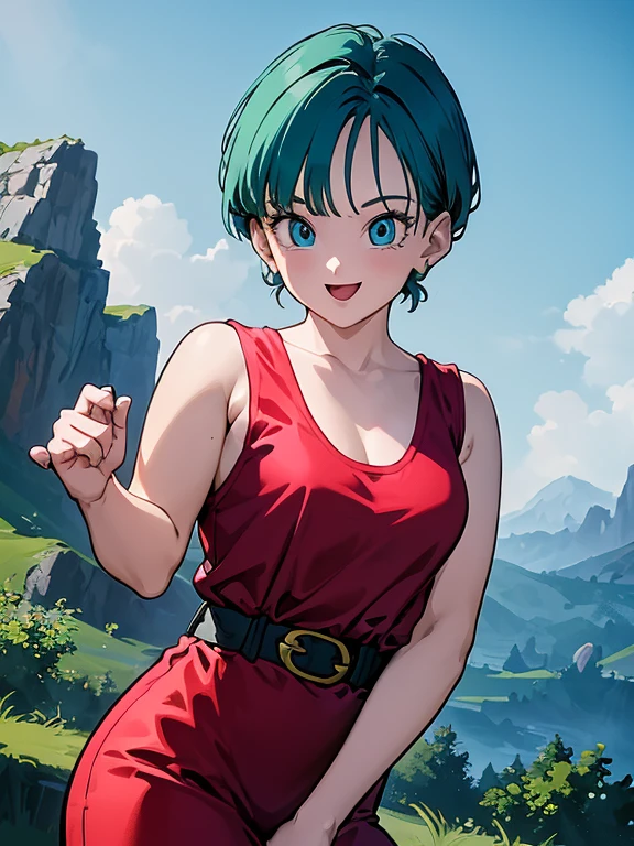 masterpiece, best quality, highres, dragon ball, aqua hair, very short hair, earrings, jewelry, red dress, medium breasts, yellow scarf, short dress, sleeveless, outdoors, smile, cowboy shot, walking, building, (((flashing panties))), (panties)