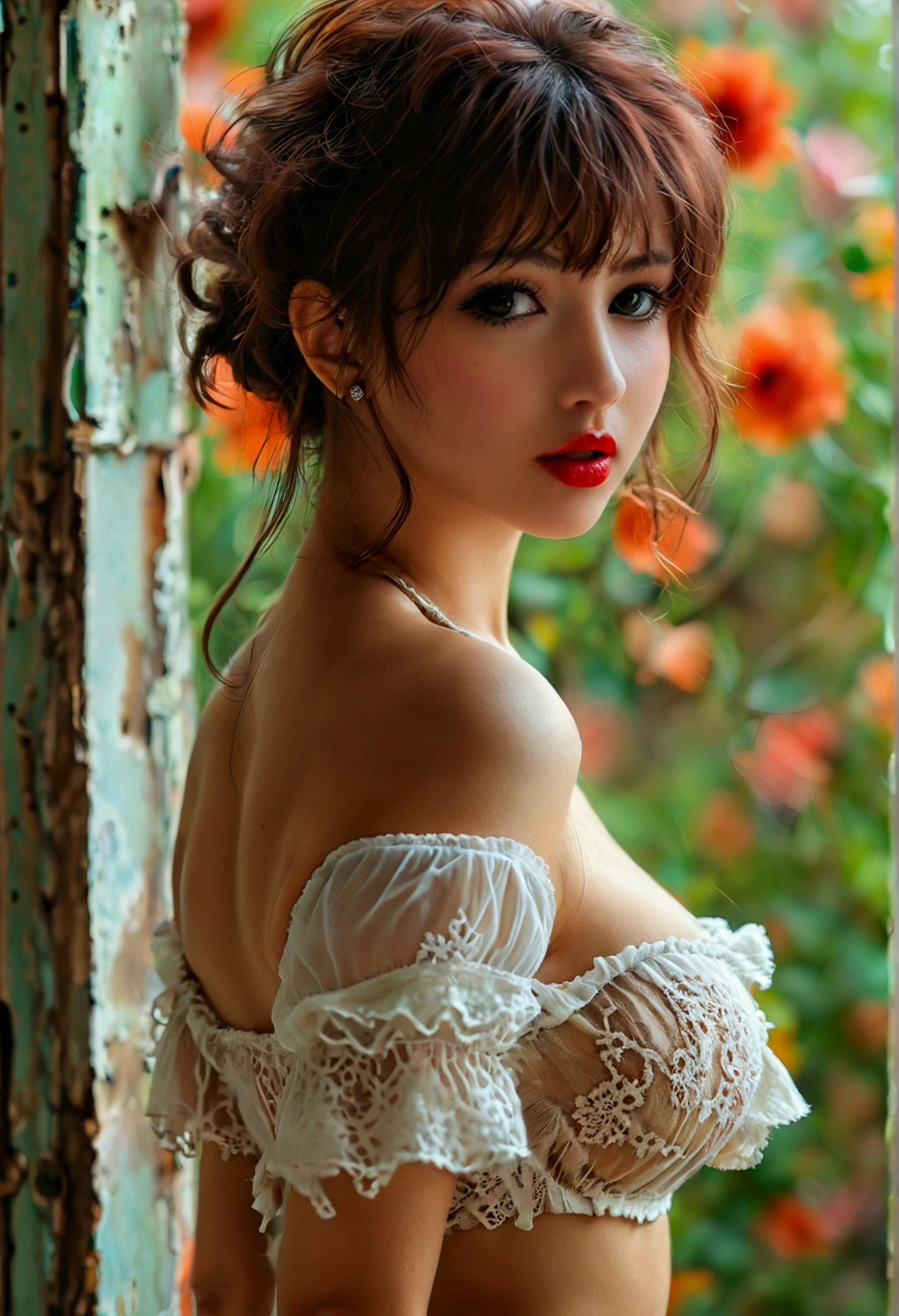 nsfw, 8k raw photo, best qualityer, work of art, ultra high resolution, Film grain, filmg, 1 girl, gazing at viewer, natural skin texture, realistic eye and face details, full lips, lipstick, (make up), red eyeshadow, Messy hair, cabelo curto com bangss, cabelo curto com bangss cobrindo a testa, cabelo curto com bangss ((((cabelo curto com bangss cobrindo a testa)))), ((breasts small:1.4)) ((open blouse cleavage:1.3)) ssmile, close her mouth, beautiful flegs, tall woman, skinny, Scrawny_flegs, standing alone, very small chest, neckleace, ((random sexy pose: legs 1.3)) ultra short skirt, It is, chemise, Beautiful natural location, near the flower spot, (detailed back ground), plaid skirt, white chemise, very , neckleace, Show a little neckleace through the chemise, moccasins, blurry background, blurry, containment, plaid, manga curta, get out jk on the neck, get out jk, chestnut hair, bracelet, water, bangss, , jewerly, parted lips, lips, from sideways, pleatedskirt, Depth of field