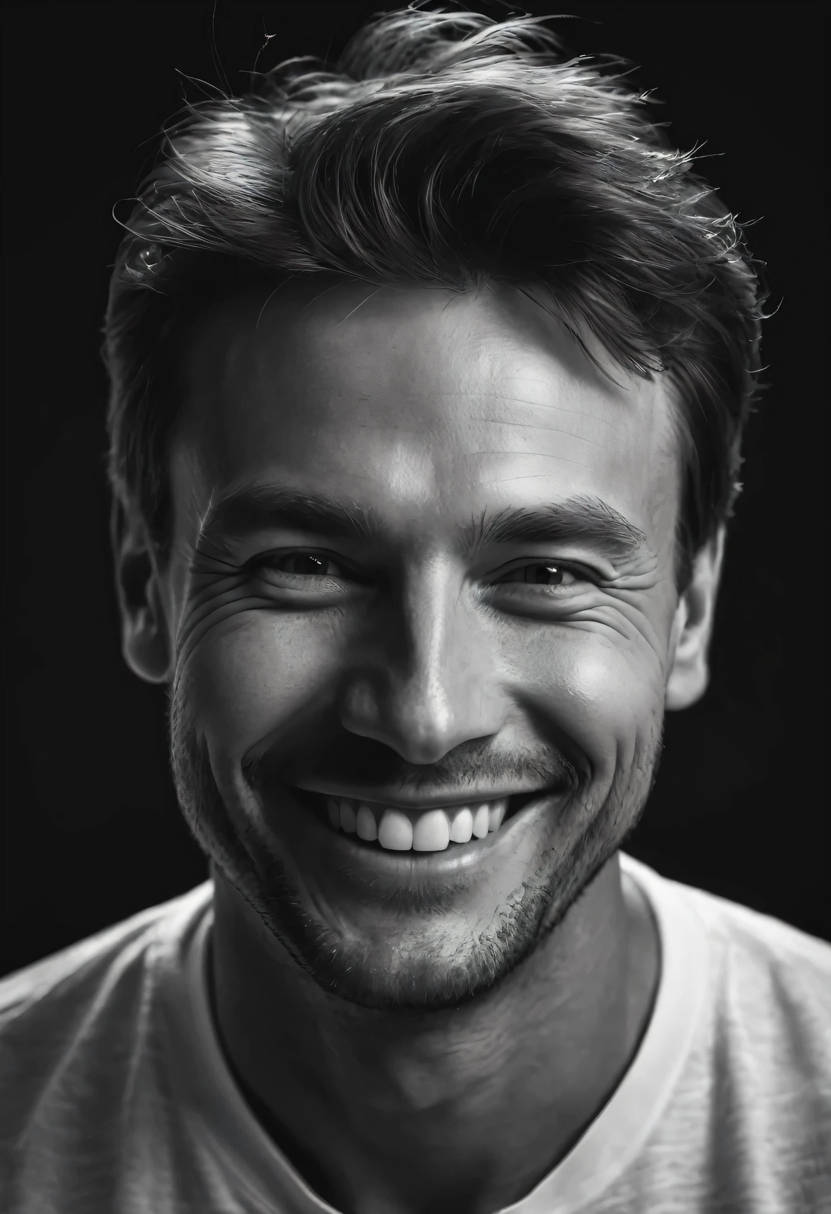 Black and white portrait of a smiling Caucasian man on a dark background, hyperrealistic image