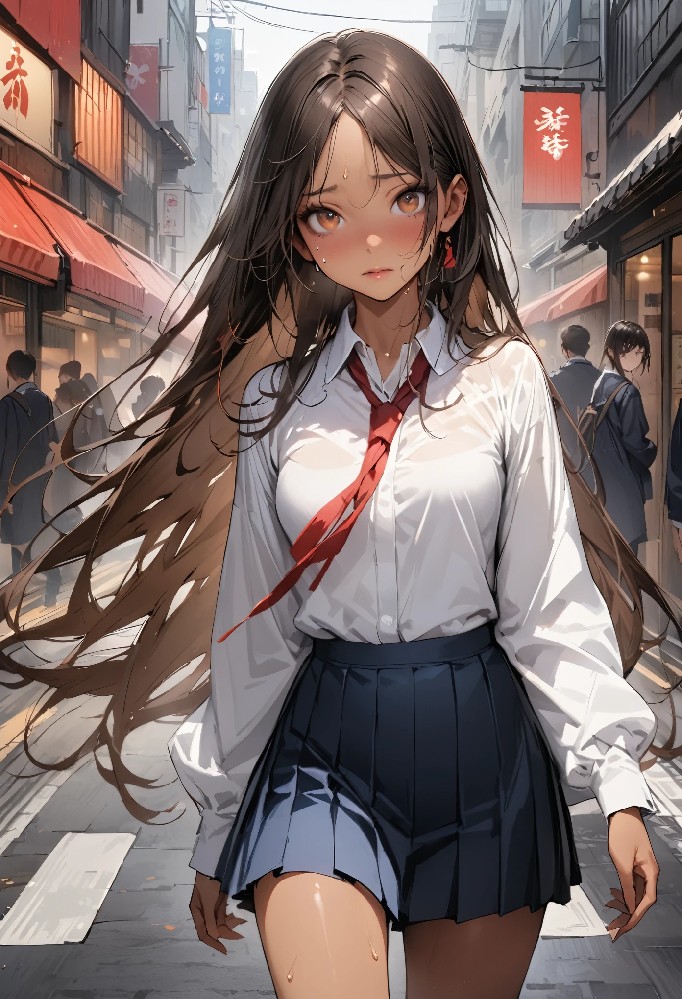 ((masterpiece,Highest quality:1.3,best quality illustration,realistic:1.3)),cowboy shot,独奏,1woman,(18-year-old、Japanese Beauty)、brown hair,long hair,(center parted bangs),brown eyes,gorgeous eyes,((very small head:1.3)),shy,((very long body:1.2,skinny)),medium breasts,(tan skin:1.3),(Red ribbon tie、White collared shirt、Long sleeve navy blue pleated mini skirt),sweat,gleaming skin,toned body,slender body,on street,Shibuya、Modern Tokyo、
