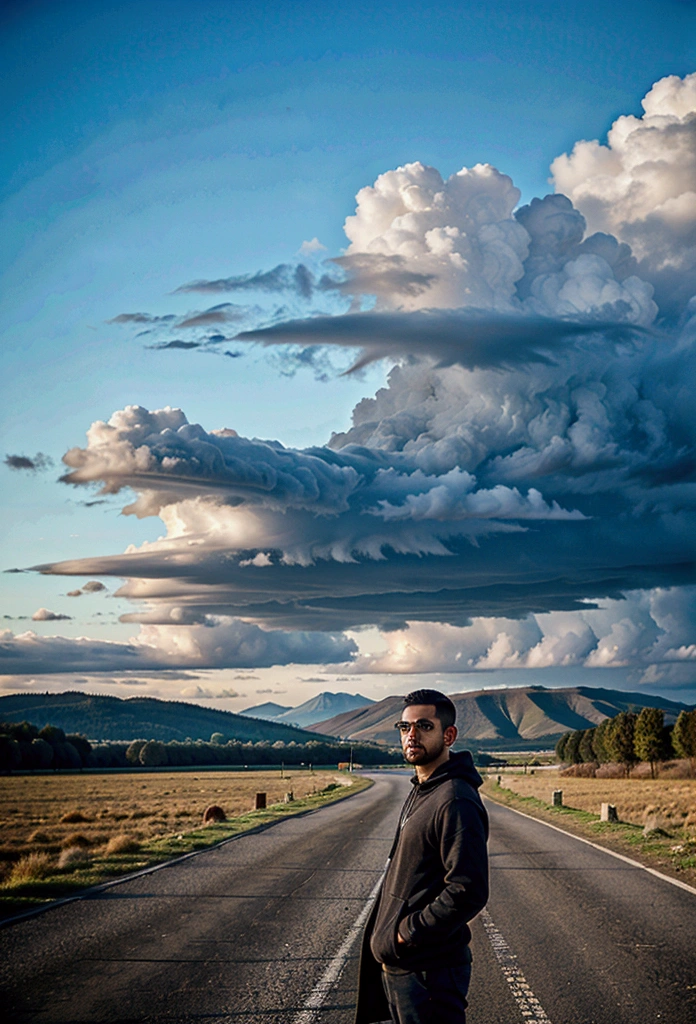 a latin man, 28 years old dark, without so much front, with medium comb over haircut, for the side and beard black, Warmly dressed in a hooded sweatshirt, he looks at the horizon and thinks about his entire life., 1 man on the scene in the distance, far has to be far, in the middle of a road, surrounded by field, without mountains. calm and peaceful composition, wide angle camera scene, contemplative scene, full body shot, more realistic sky and all cloudy , movie perspective, High Definition, photorealistic