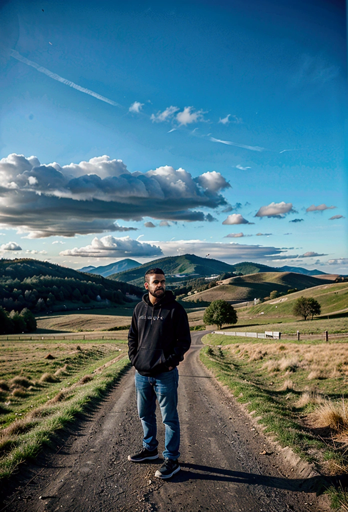 a latin man, 28 years old dark, without so much front, with medium comb over haircut, for the side and beard black, Warmly dressed in a hooded sweatshirt, he looks at the horizon and thinks about his entire life., 1 man on the scene in the distance, far has to be far, in the middle of a road, surrounded by field, without mountains. calm and peaceful composition, wide angle camera scene, contemplative scene, full body shot, more realistic sky and all cloudy , movie perspective, High Definition, photorealistic
