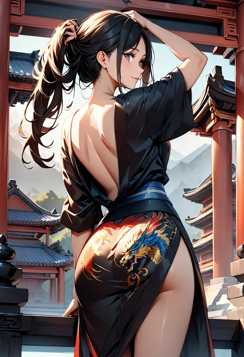 (highest quality:1.2, Very detailed, Latest, Vibrant, Ultra-high resolution, High Contrast, masterpiece:1.2, highest quality, Best aesthetics), (((1 girl))), 4k, From the back, big dragon tattoo on back, Tattoo on back,, Beautiful back, Pull up your hair, Nape, Detailed tattoo representation, Colorful tattoo dragon, Fine image, wearing kimono, The kimono is fluttering, kimono only covering legs, bare chest, bare back, Beautiful Skin, (Detailed Eye Expression:1.2), Beautiful woman looking back, Standing, Cowboy Shot, Black Hair, Long Hair, Dutch Angle, Full Body Shot. Chinese temple, simple background