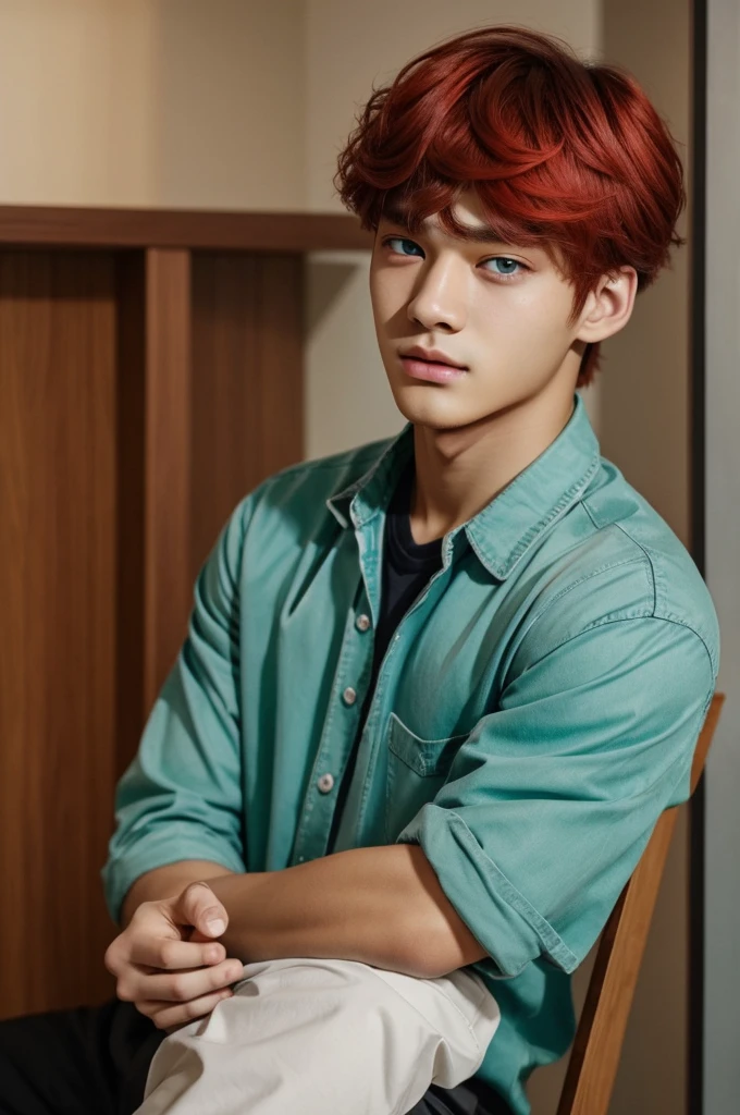 A young man with a face similar to Taehyung but he has red hair, blue eyes with some green and dark skin.