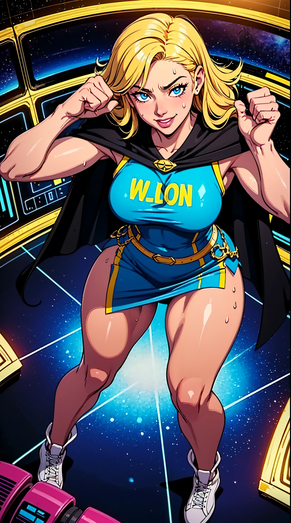 Digital painting of a woman with royal blue and yellow hair, super hero, muscle girl, pose, fist up, ((from above)), 1knee up, Behance Contest Winner, Afrofuturism, Synthwave, neon, glowing neon, sagging massive breasts, very short highschool skirt, cape, sweat, glossy silky skin, smile,  in space, 