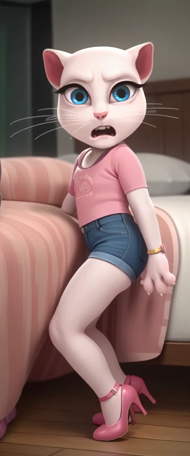 
solo focus, a_la, 1girl, cat, white fur, long whiskers on both sides of the face, big bright blue eyes, big black eyelashes, pink nose, triangular ears with pink channels, high heels.short jeans pulled down.   1 girl and 1 boy human.    side view.     in bed.      woman on top 

   The man lies on his back on the floor with his legs closed.    Woman sits on man

    anal screaming, lying, at home, looking back, big penis, 1 male rape, girl .     Score_9, Score_8_up, Score_7_