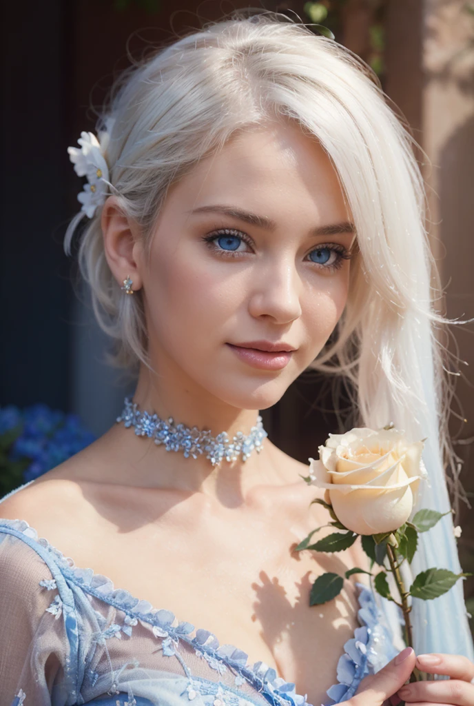 A young woman with beautiful detailed blue eyes, white hair and lips standing in a garden, surrounded by vibrant flowers. She is wearing a colorful dress and holding a bunch of white rose flowers, with a joyful expression on her face. The scene is captured in a realistic and vivid style, resembling a professional photograph. The colors in the image are vibrant and the lighting is natural, highlighting the beauty of the garden and the woman. The image is of the highest quality, with sharp focus and ultra-fine painting details, creating a visually stunning masterpiece. The artwork is created using a mix of traditional painting techniques and digital rendering, resulting in a unique and eye-catching aesthetic. The overall color tone of the image is warm and cheerful, enhancing the festive atmosphere of the birthday celebration.