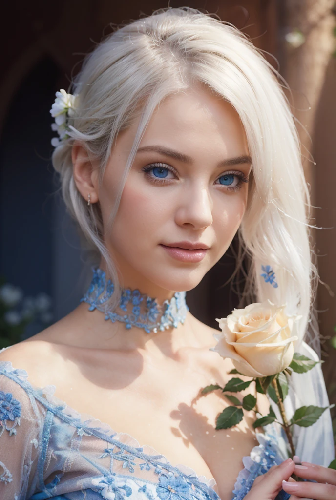 A young woman with beautiful detailed blue eyes, white hair and lips standing in a garden, surrounded by vibrant flowers. She is wearing a colorful dress and holding a bunch of white rose flowers, with a joyful expression on her face. The scene is captured in a realistic and vivid style, resembling a professional photograph. The colors in the image are vibrant and the lighting is natural, highlighting the beauty of the garden and the woman. The image is of the highest quality, with sharp focus and ultra-fine painting details, creating a visually stunning masterpiece. The artwork is created using a mix of traditional painting techniques and digital rendering, resulting in a unique and eye-catching aesthetic. The overall color tone of the image is warm and cheerful, enhancing the festive atmosphere of the birthday celebration.