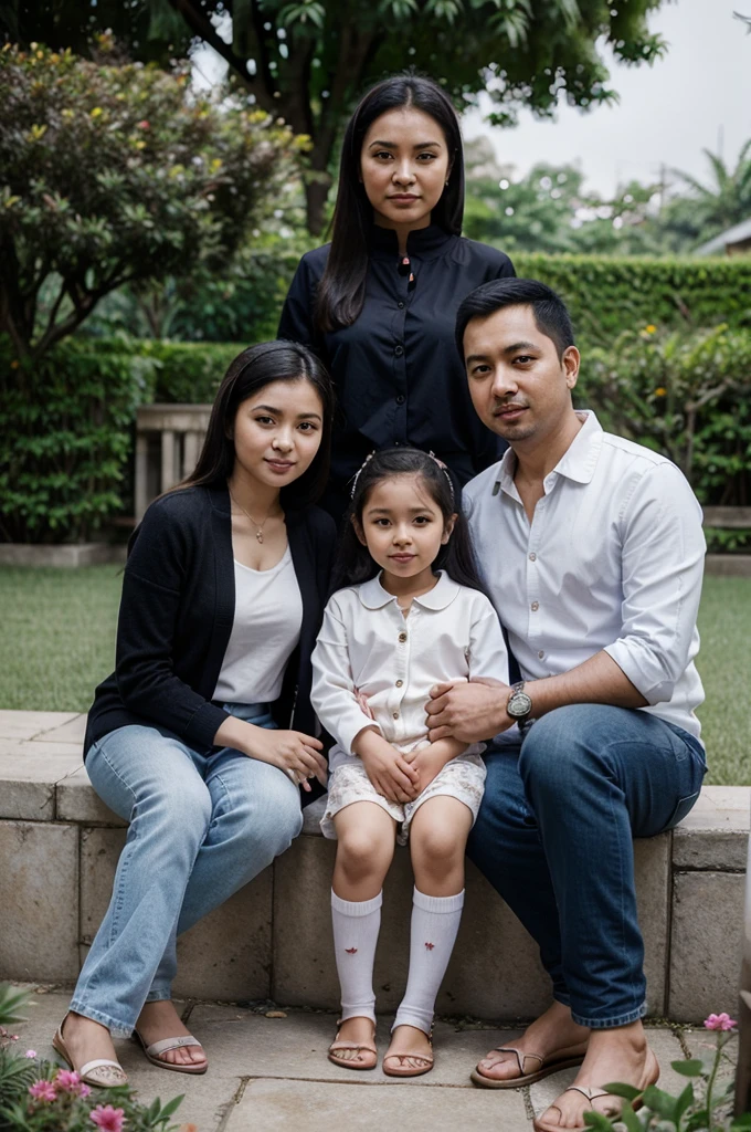 a potrait profesional photography of arafed young man, woman white hijab, and their daughter and son sitting next to a  in a flower garden, they\'re wearing casual clothes with cardigan and blue jeans, happy family, malaysian, siya oum, with a kid, an indonesian family portrait, full protrait, perfect android girl family, perfect expression, inspired by Nazmi Ziya Güran, by Basuki Abdullah, very clear picture, potrait