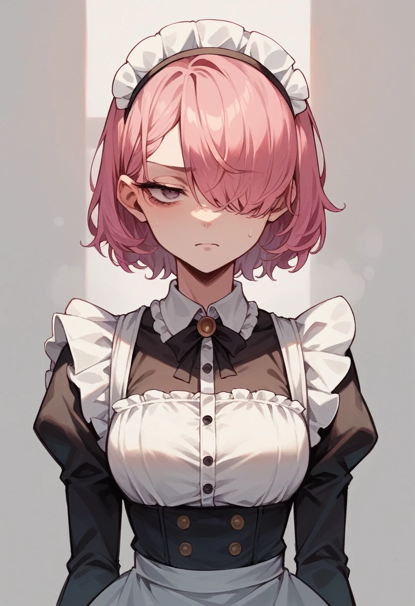 Girl with short pink hair, one eye covered,, dressed as a vintage maid, cold stare