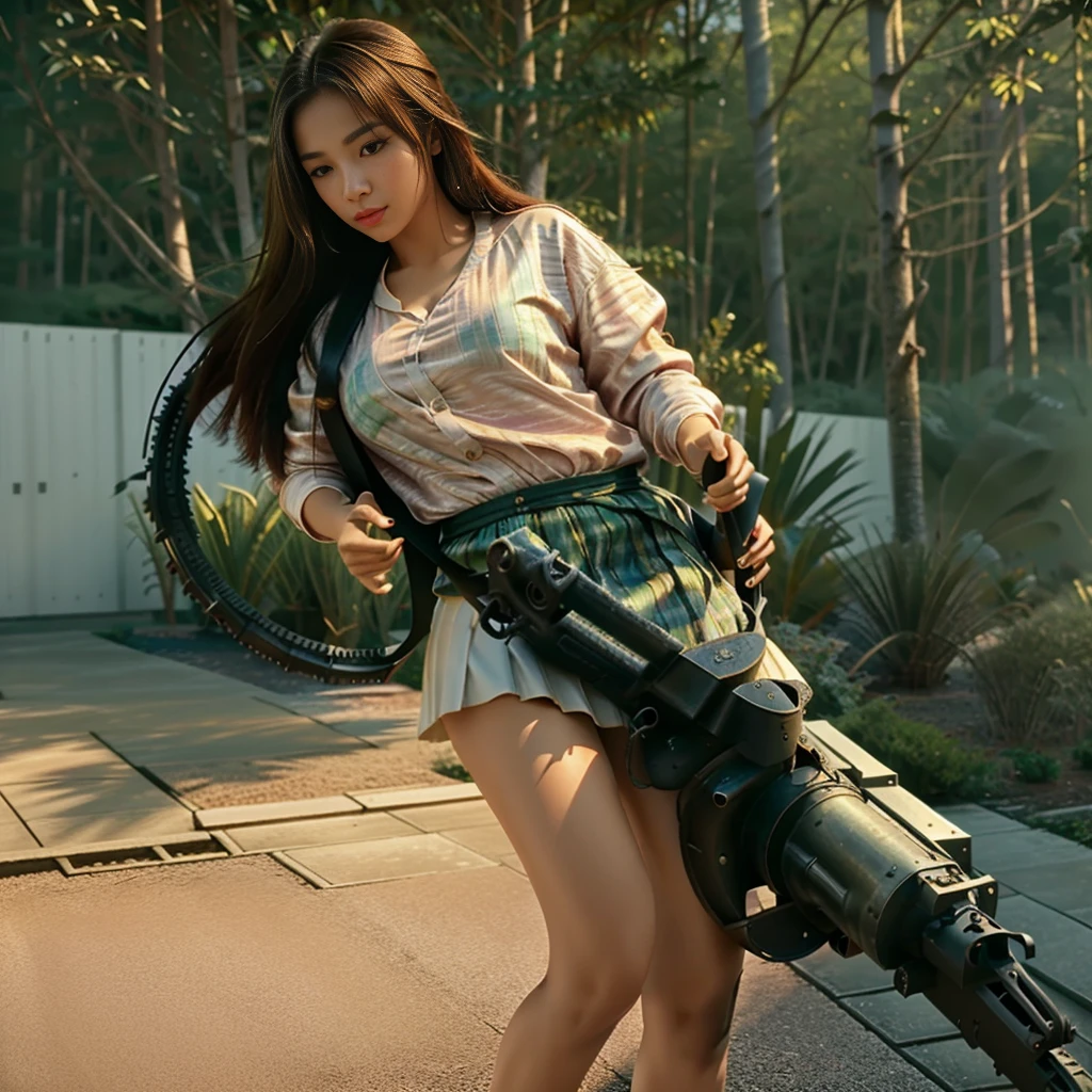 Half body photo, 1 beautiful Asian girl; satin bomber jacket;  (holding an M134 minigun in in her hands:1.6), 
satin skirt,, long hair,wearing jewelry, natural makeup, extremely detailed eyes and face, lovely smile, delicate blush, sensuous lips, intricate facial details, perfect skin, flawless skin texture perfect, ; standing in a long hallway with many doors, evening lighting, vivid colors, , subtle , dreamy, luxurious atmosphere, low lighting;
Super high quality, surreal, 8K, high resolution, masterpiece, detailed, extremely magical, professional cinematic lighting, , vibrant colors; Fine brushstrokes,ethereal vibe,mesmerizing gaze,dreamy atmosphere,blending elegance,subtle color gradients,,understated beauty.  In the background several men lay unconscious on the hallway floor