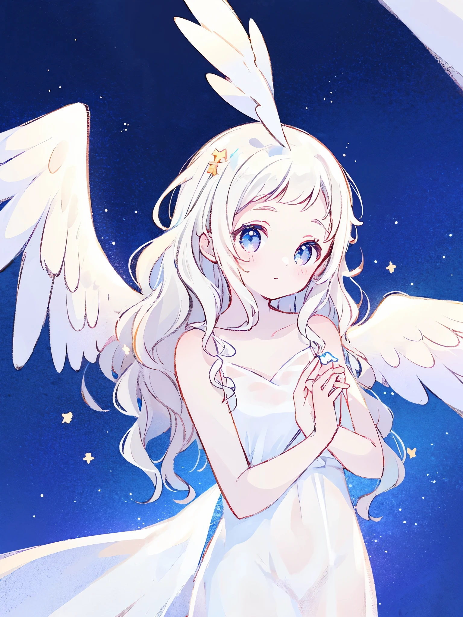 nude angel girl wearing an ethereal translucent dress, pale skin, ((wavy white hair)), white feathers, angel wings, sparkling detailed eyes, golden ratio face, perfect composition, highly detailed, ethereal, (starry night sky background), midjourney style
