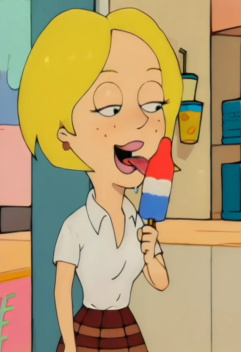 Score_9_up, score_8_up, score_7_up, Expressiveh, solo, 1girl, lcad, blonde hair, freckles, earrings, collared shirt, plaid skirt, holding popsicle, red white and blue popsicle, sucking popsicle, drooling, blushing, outside,