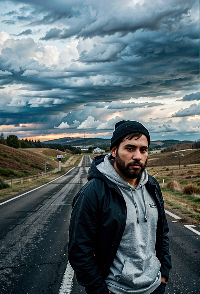 a latin man, 28 years old dark, with medium comb over haircut, for the side and beard black, bundled up in a hoodie looks to the horizon, in the middle of a road, surrounded by field, without mountains. full body shot, more realistic sky and all cloudy , movie perspective, High Definition, photorealistic