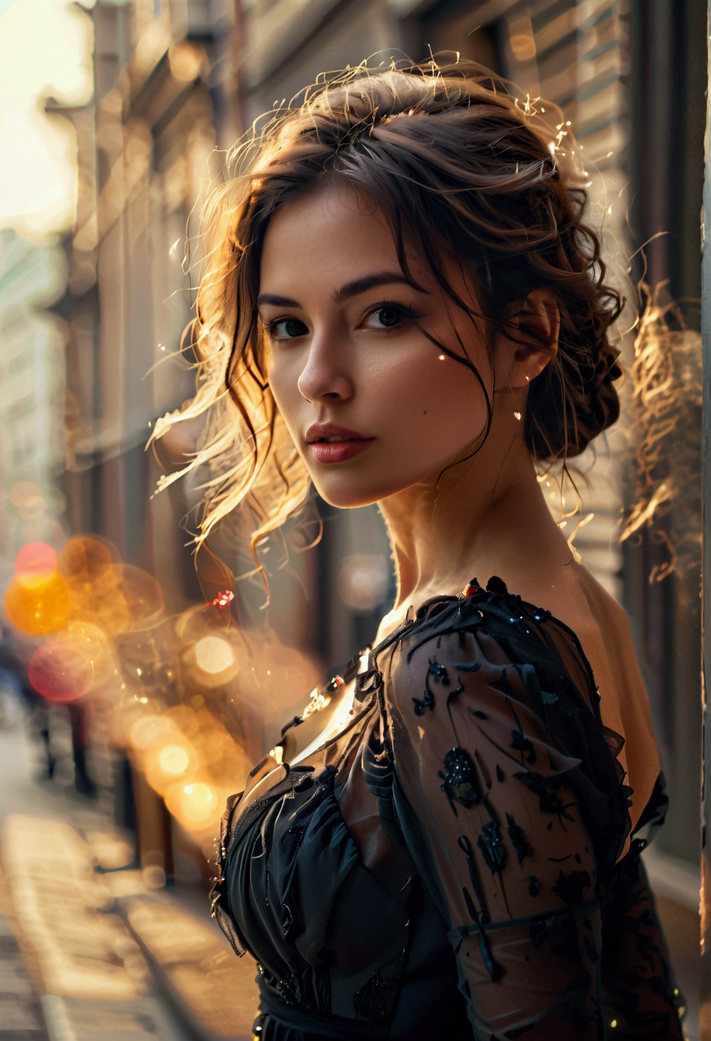 Beautiful 30 year old woman from side view, brown hair, brown eyes, firm breasts, small waist detailed, thick and sexy legs, wearing evening dress on the street, foggy, humid, masterpiece of the Best quality, realistic, detailed photo. 8k, HDR, shallow depth field, wide light, high contrast. Backlight, light flare, chromatic aberration, sharp focus, RAW color photography, all very detailed.