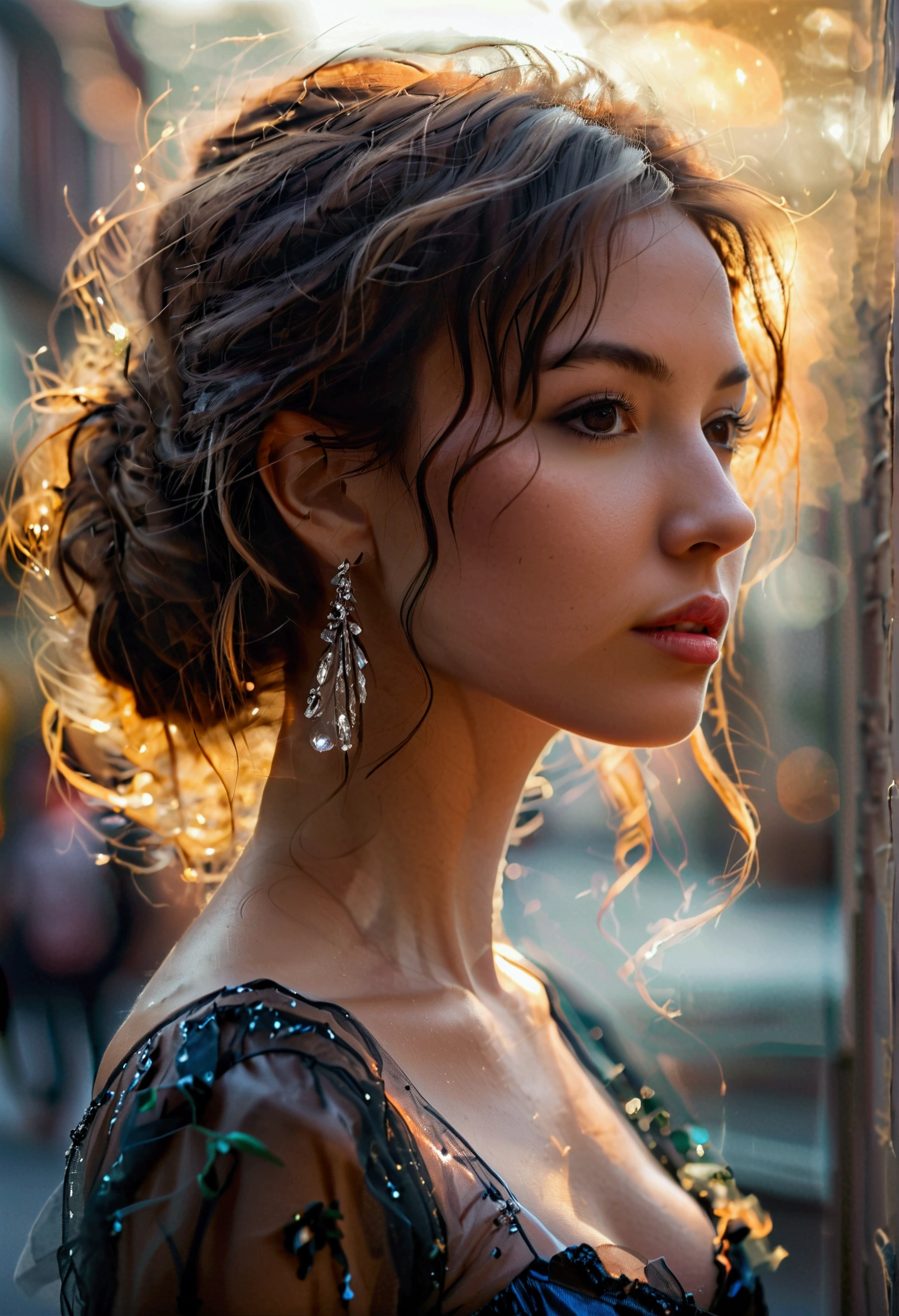 Beautiful 30 year old woman from side view, brown hair, brown eyes, firm breasts, small waist detailed, thick and sexy legs, wearing evening dress on the street, foggy, humid, masterpiece of the Best quality, realistic, detailed photo. 8k, HDR, shallow depth field, wide light, high contrast. Backlight, light flare, chromatic aberration, sharp focus, RAW color photography, all very detailed.