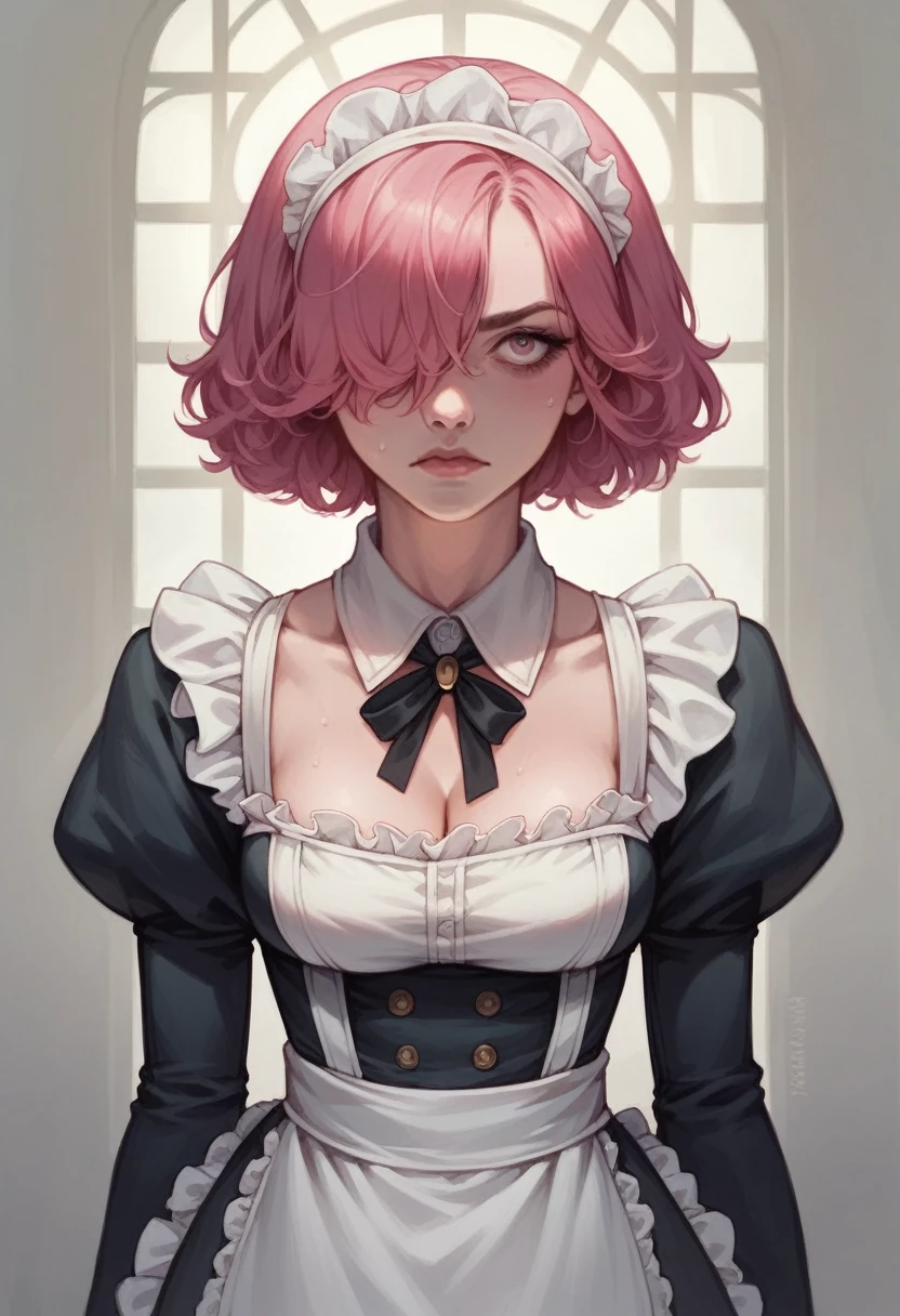 Girl with short pink hair, one eye covered,, dressed as a vintage maid, cold stare , realistic and beautiful