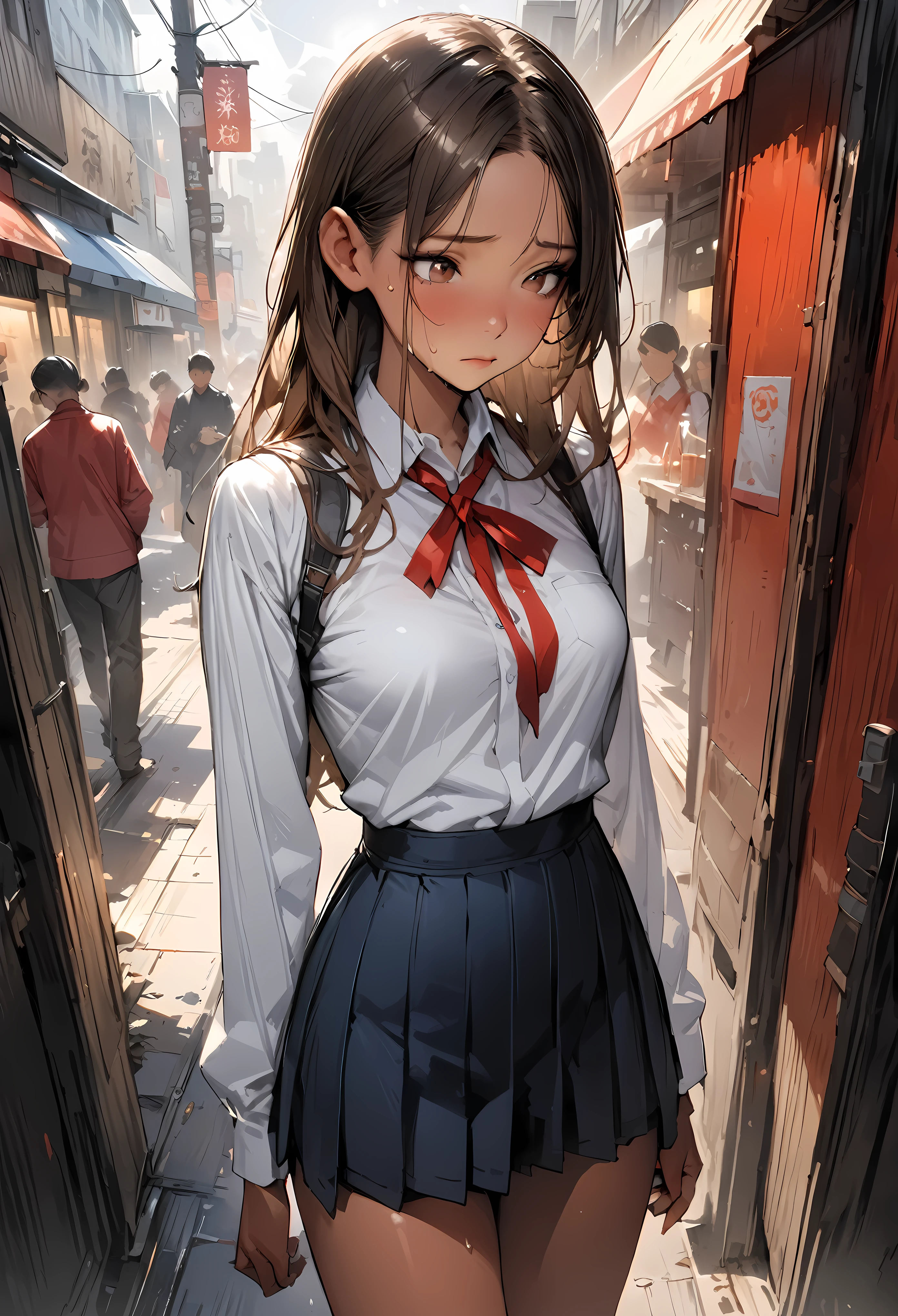 ((masterpiece,Highest quality:1.3,best quality illustration,realistic:1.5)),cowboy shot,solo,1woman,(18-year-old、Japanese Beauty)、brown hair,long hair,(center parted bangs),brown eyes,gorgeous eyes,((very small head:1.3)),shy,((very long body:1.2,skinny)),medium breasts,(tan skin:1.3),(Red ribbon tie、White collared shirt、Long sleeve navy blue pleated mini skirt),sweat,gleaming skin,toned body,slender body,on street,shibuya、Modern Tokyo、