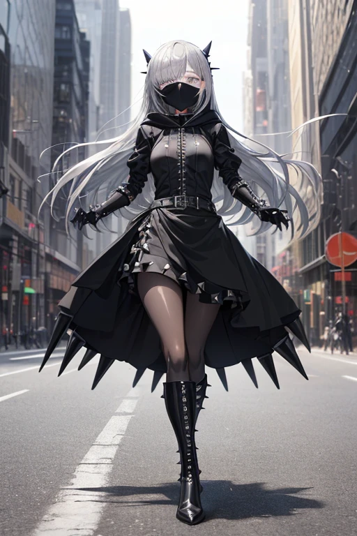 ((be((best quality)), ((masterpiece)), (detailed), 1 girl, Full body, 18 years old, Depressed face, Silver eyes, Arms outstretched, Arms behind waist, Metal mask covering her eyes, Eyes covered, Blushing, Silver hair, Long hair, Spiky hair, Bangs, Strand of hair covering her eye, Full body, Tall, Small breasts, Slim body, Grey hood, Metal spikes, Grey wristbands, Long black gloves with spikes, Grey goth outfit, Gothic lolita, Grey dress with metal spikes, Metal emblem, Somewhat tight, Black belt, Black pantyhose, Black boots, Walking through the city, Metal spikes coming out of the highway, City background, Anime