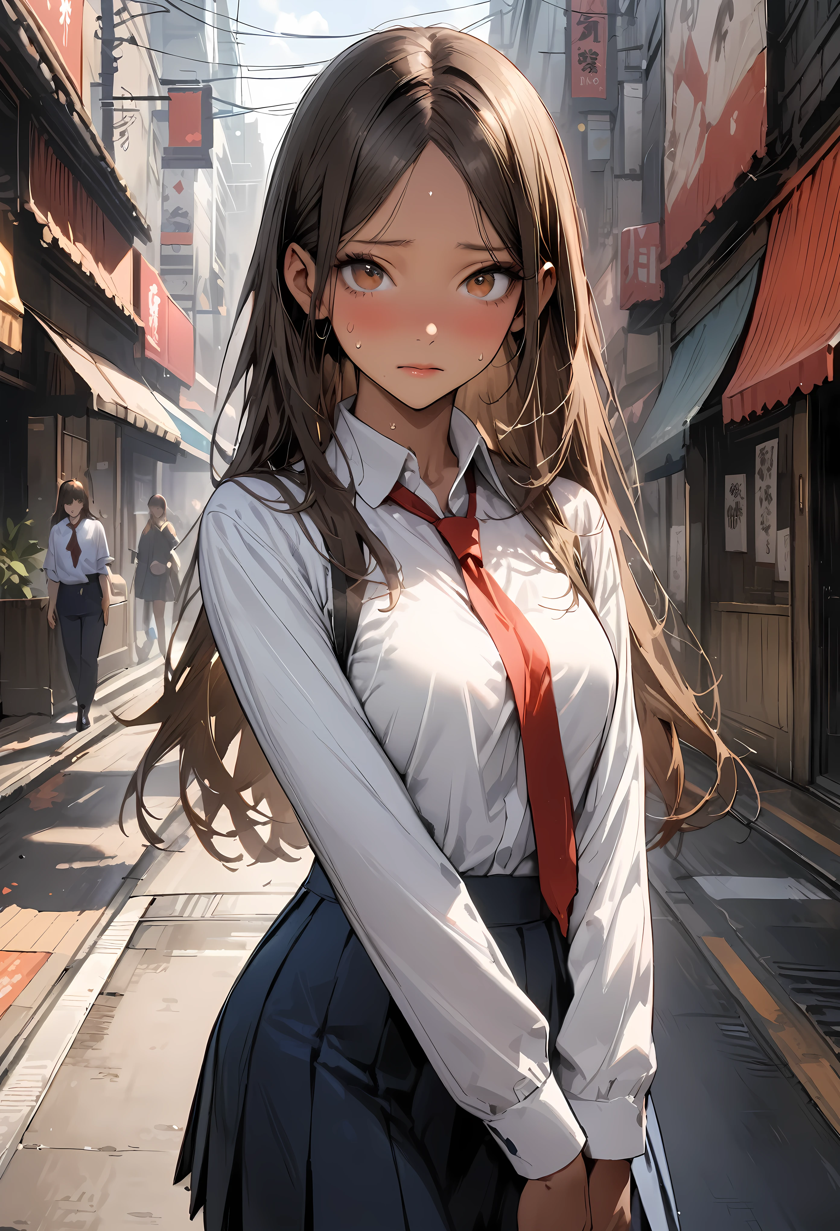((masterpiece,Highest quality:1.3,best quality illustration,realistic:1.3)),cowboy shot,solo,1woman,(18-year-old、Japanese Beauty)、brown hair,long hair,(center parted bangs),brown eyes,gorgeous eyes,((very small head:1.3)),shy,((very long body:1.2,skinny)),medium breasts,(tan skin:1.3),(Red ribbon tie、White collared shirt、Long sleeve navy blue pleated mini skirt),sweat,gleaming skin,toned body,slender body,on street,shibuya、Modern Tokyo、