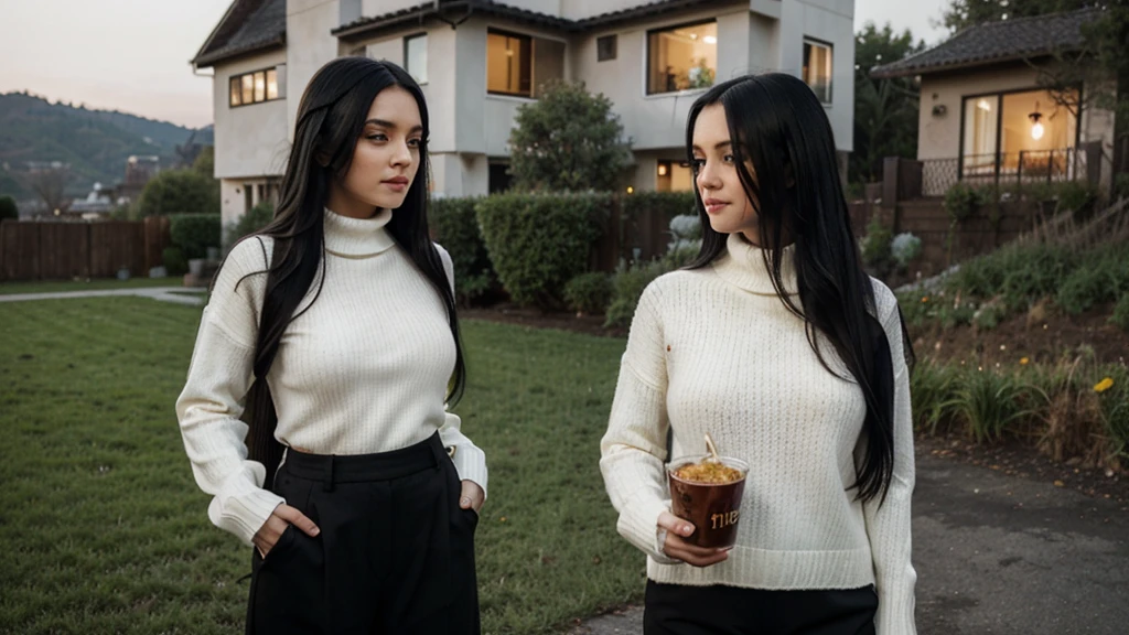 a girl(who is wearing white highneck sweater and black pant, long black hair ) is standing with a palte of food to an old women with a plate of food in both of her hand, side pose,more realistic, background green hills, evening scene