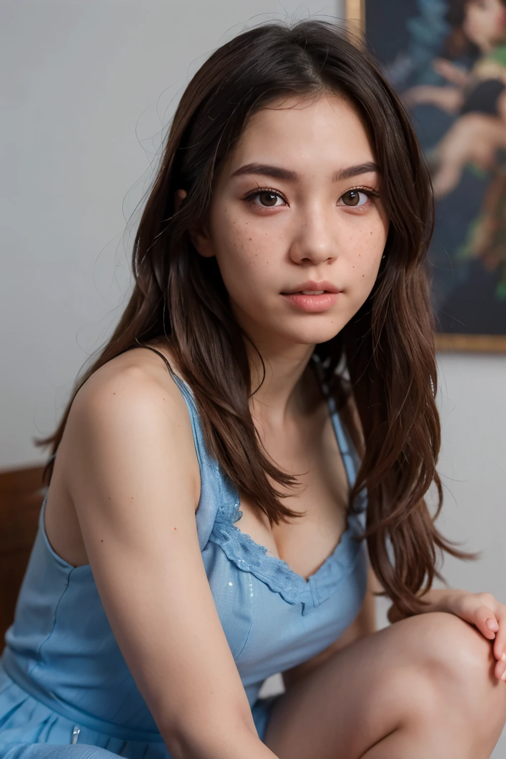 ((best quality)), ((masterpiece)), (detailed), Black long hair，Bangs，Brown eyes，
，Blue Dress，Very pretty face，whole body，High-resolution images，Freckles on nose，Realism，Chinese mixed race