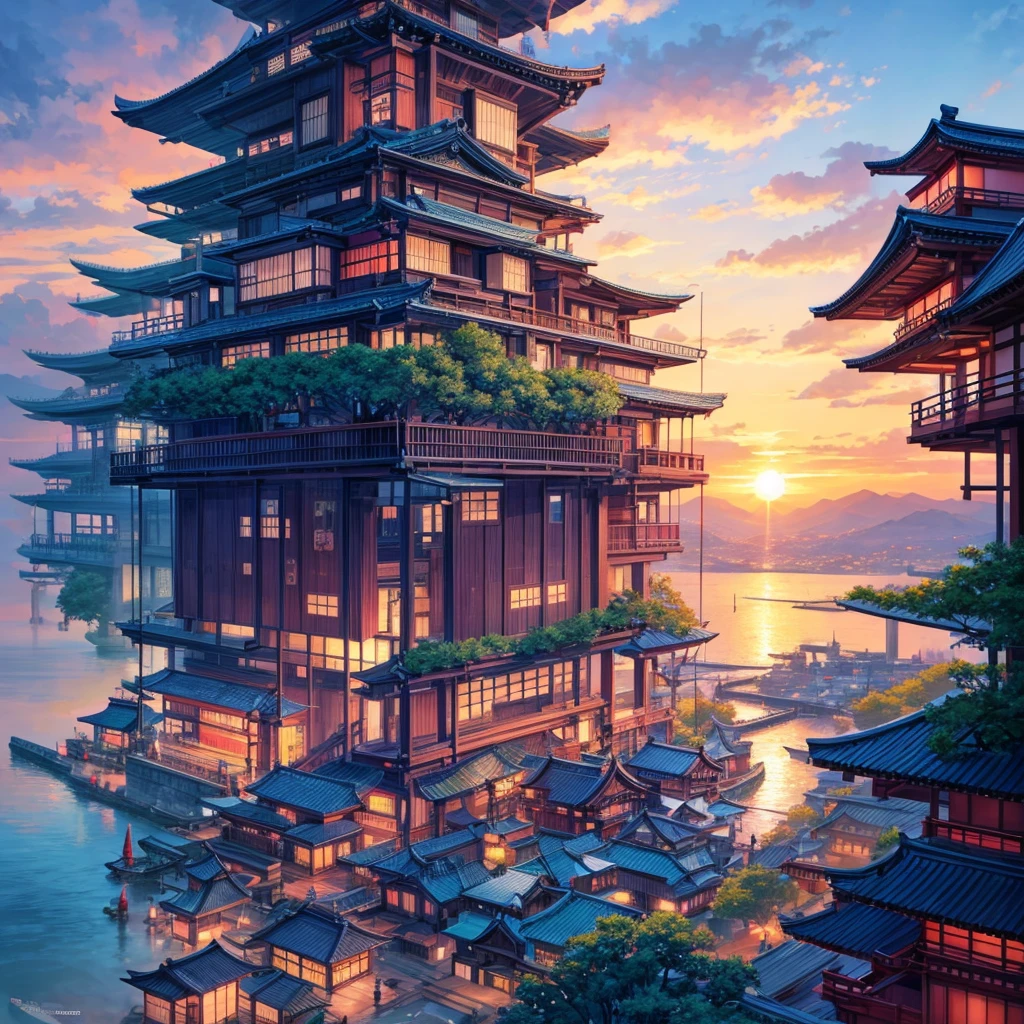 makes an image of a JAPAN ANIME type fantasy city in the middle of the sunset but that looks like a city taken from paradise itself